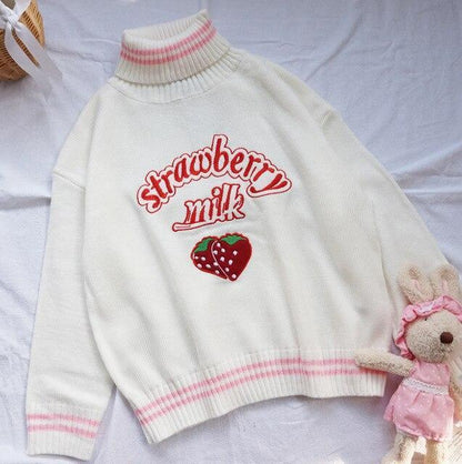 Kawaii White Strawberry Milk Turtleneck Knitted Sweater
