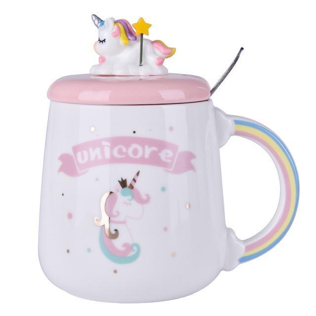 Kawaii Unicorn Mug with Lid and Spoon That Says "Hello"