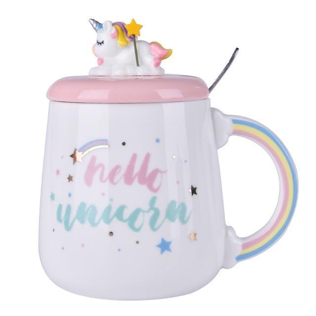 Kawaii Unicorn Mug with Lid and Spoon That Says "Hello Unicorn"