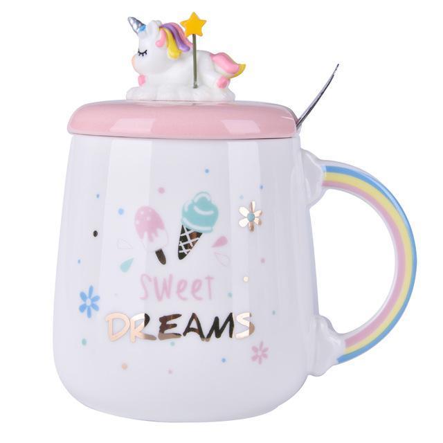 Kawaii Unicorn Mug with Lid and Spoon That Says "Sweet Dreams"