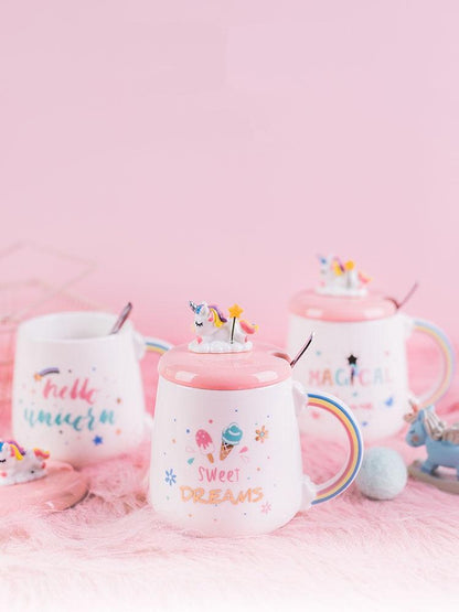 Kawaii Unicorn Mugs with Lids and Spoons