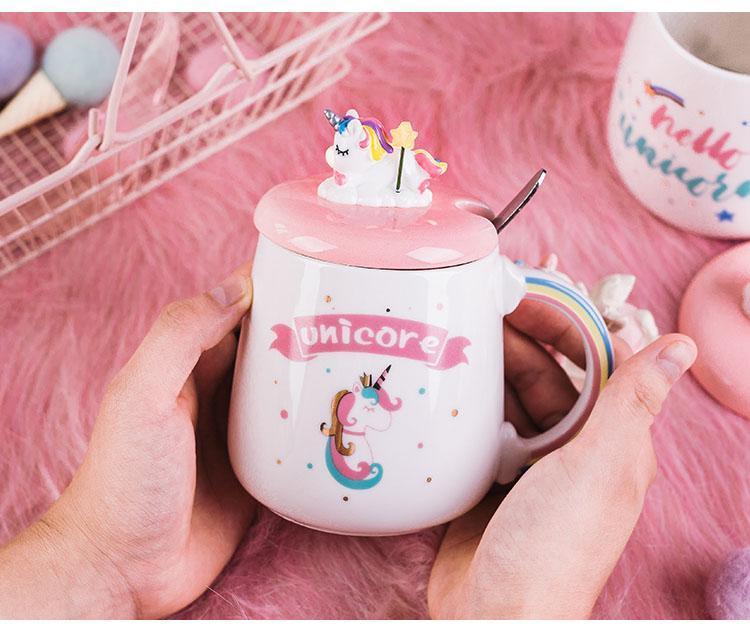 Kawaii Unicorn Mug with Lid and Spoon That Says "Unicore"