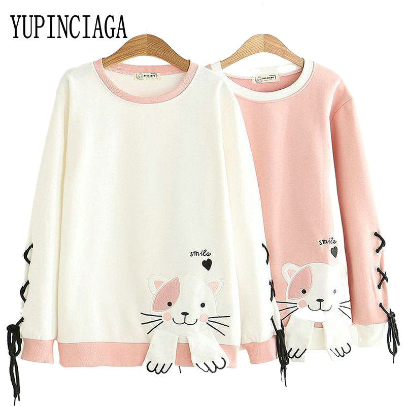 Kawaii Cute and Casual Cat Sweatshirts in Pink and White