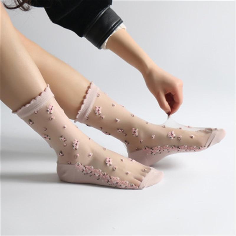 Kawaii Tan Silk Flower Print Transparent Socks