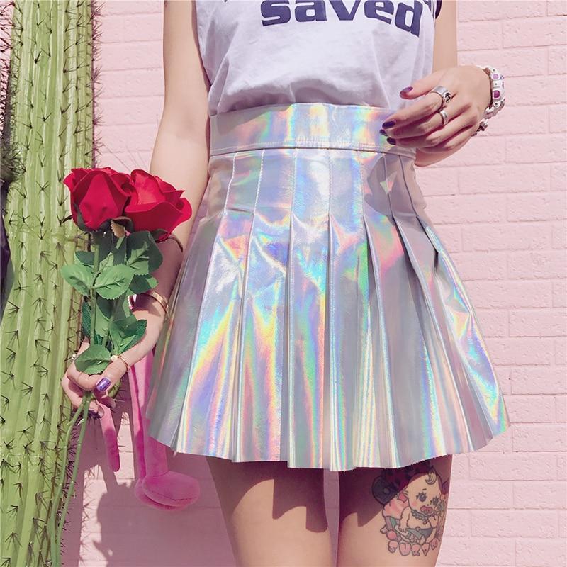 Girl Holding Roses Wearing Kawaii Holographic Pleated Skirt