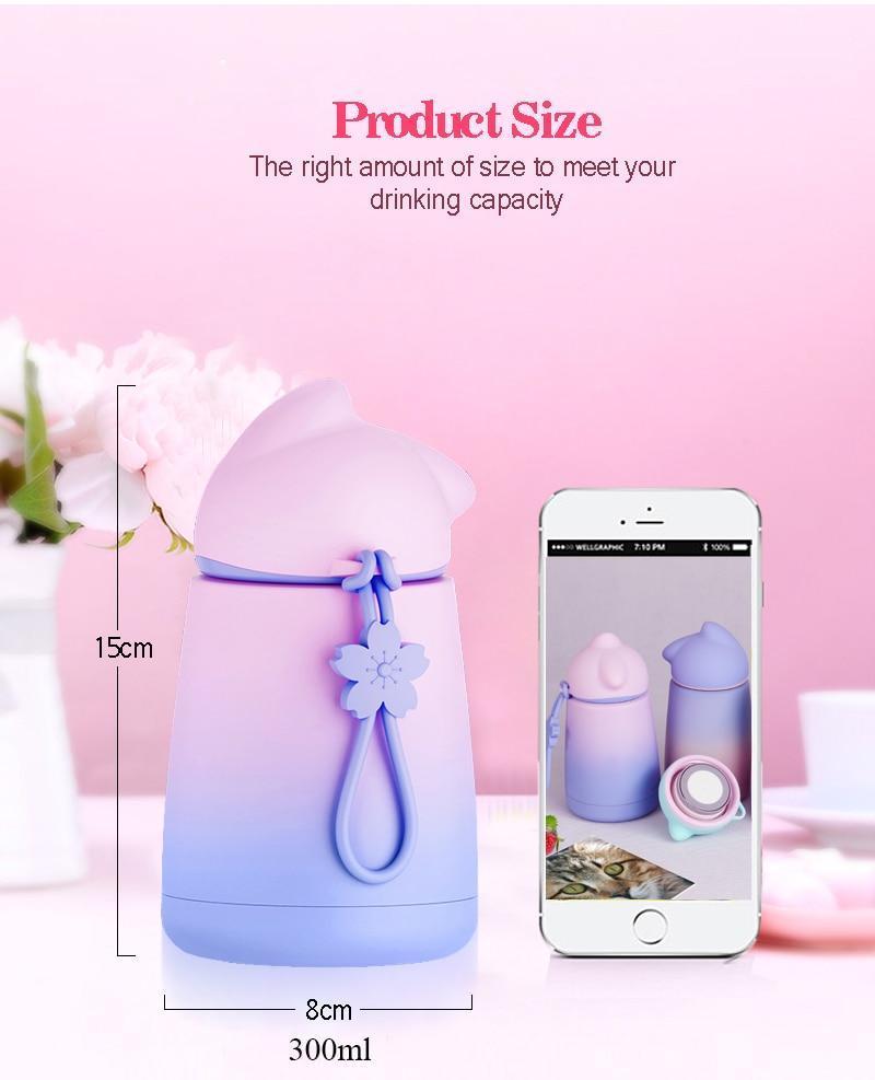 Kawaii Pastel Cat Water Bottle Product Size - 15cm by 8cm
