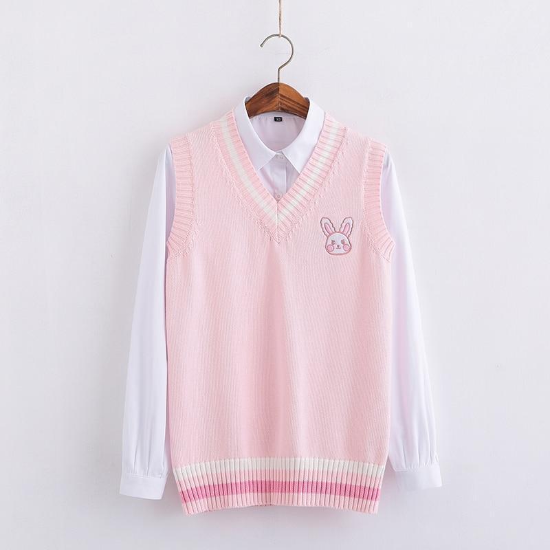 Kawaii Pink Sweater Vest With Embroidered Bunny and White Collared Shirt