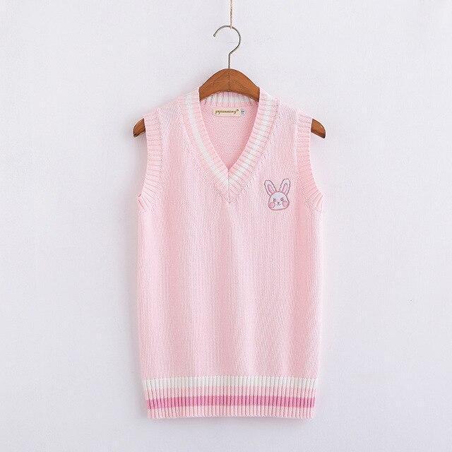 Kawaii Pink Sweater Vest With Embroidered Bunny