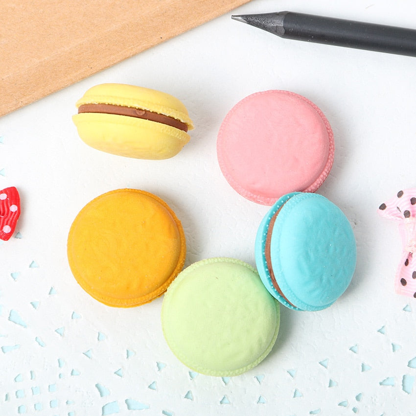 Kawaii Macaron Erasers and Black Pencil