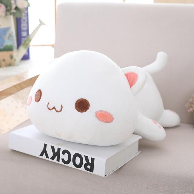 Kawaii White Lazy Cat Plushie With Eyes Open