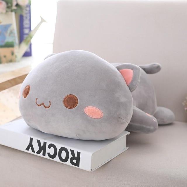 Kawaii Grey Lazy Cat Plushie With Eyes Open