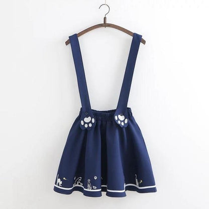 Kawaii Navy Blue Suspender Skirt With Embroidered Cat Paws