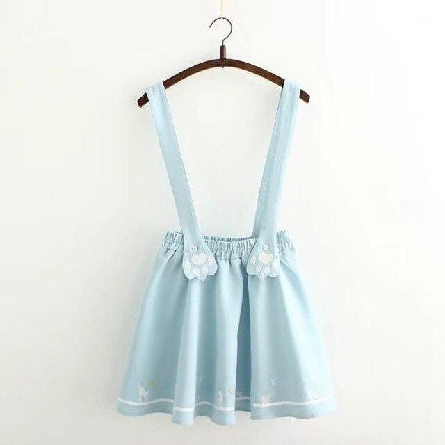 Kawaii Blue Suspender Skirt With Embroidered Cat Paws