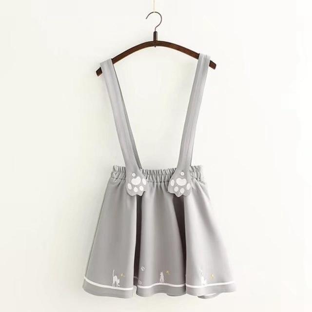 Kawaii Grey Suspender Skirt With Embroidered Cat Paws