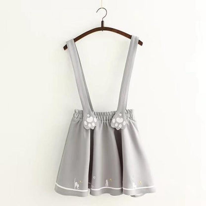 Kawaii Grey Suspender Skirt With Embroidered Cat Paws