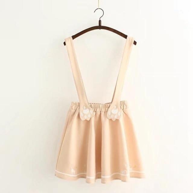 Kawaii Tan Suspender Skirt With Embroidered Cat Paws