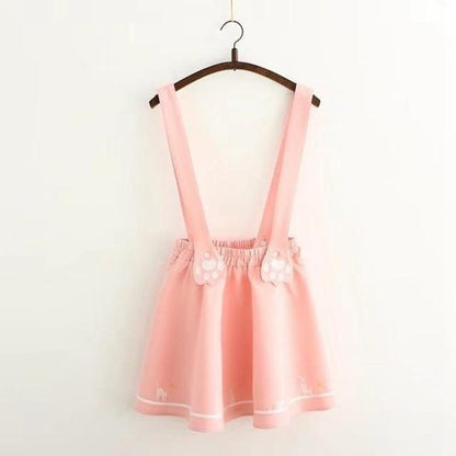 Kawaii Pink Suspender Skirt With Embroidered Cat Paws