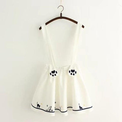 Kawaii White Suspender Skirt With Embroidered Cat Paws