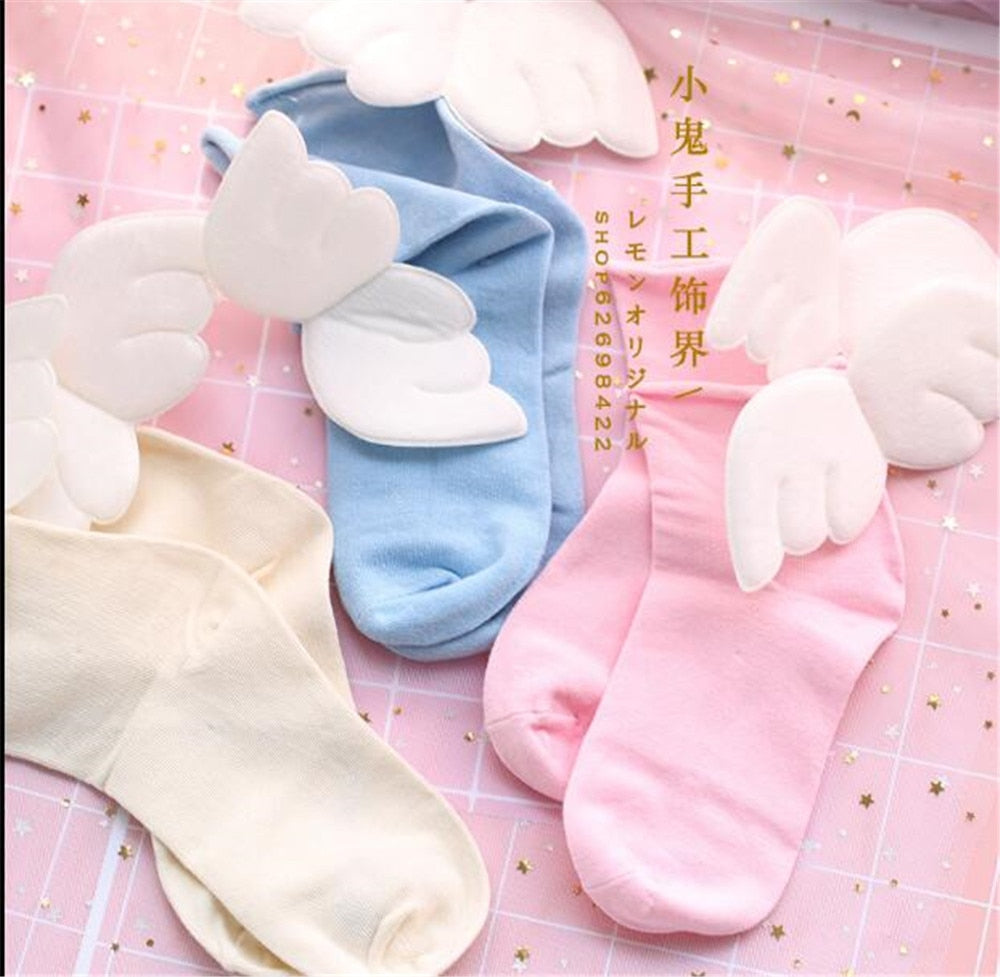 Kawaii Blue, Pink, and Yellow Angel Wings Socks