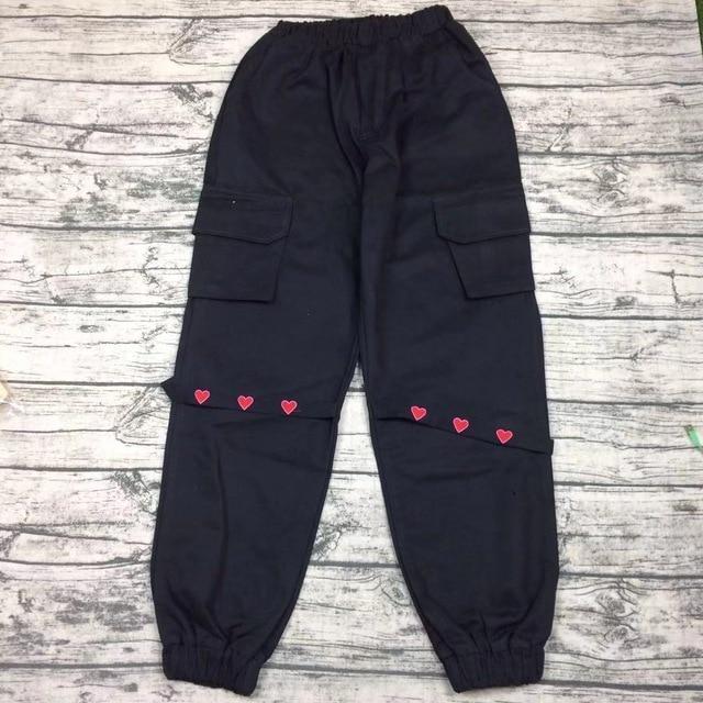Kawaii Heart Embroidered Cargo Pants in Black