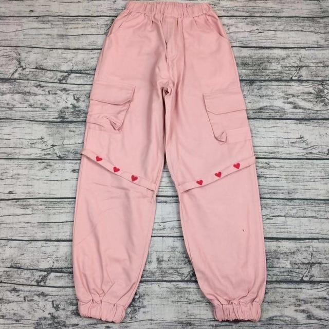 Kawaii Heart Embroidered Cargo Pants in Pink