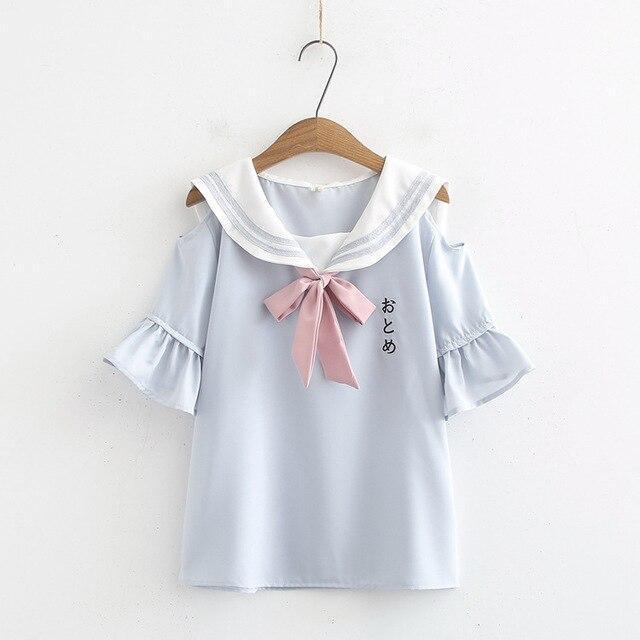 Kawaii Blue Open Shoulder Sailor Shirt With Pink Bow Tie
