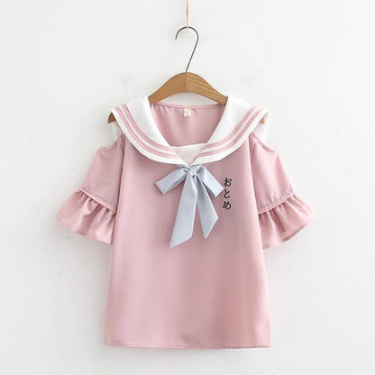 Kawaii Pink Open Shoulder Sailor Shirt With Light Blue Bow Tie