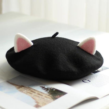 Kawaii Cat Ears Beret in Black