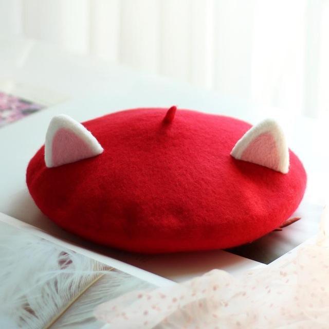 Kawaii Cat Ears Beret in Bright Red