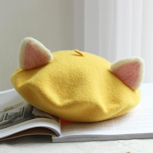 Kawaii Cat Ears Beret in Yellow