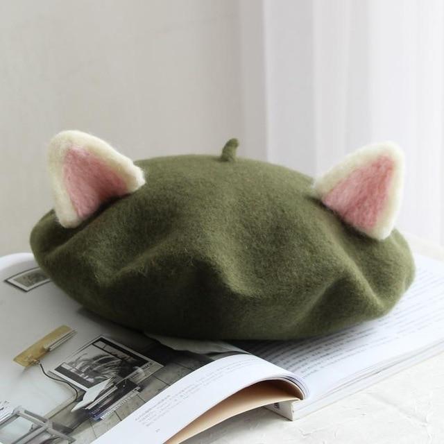 Kawaii Cat Ears Beret in Amry Green