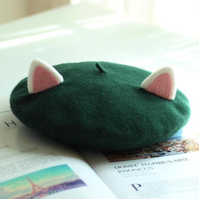Kawaii Cat Ears Beret in Deep Green