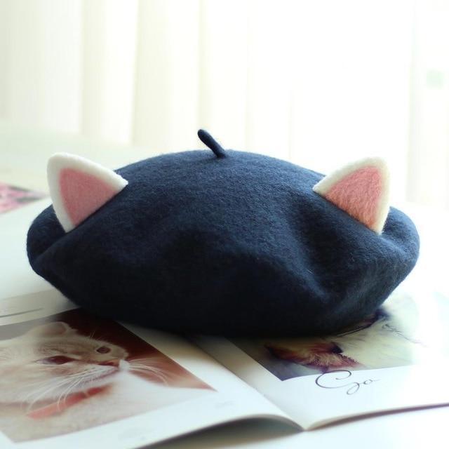 Kawaii Cat Ears Beret in Dark Blue