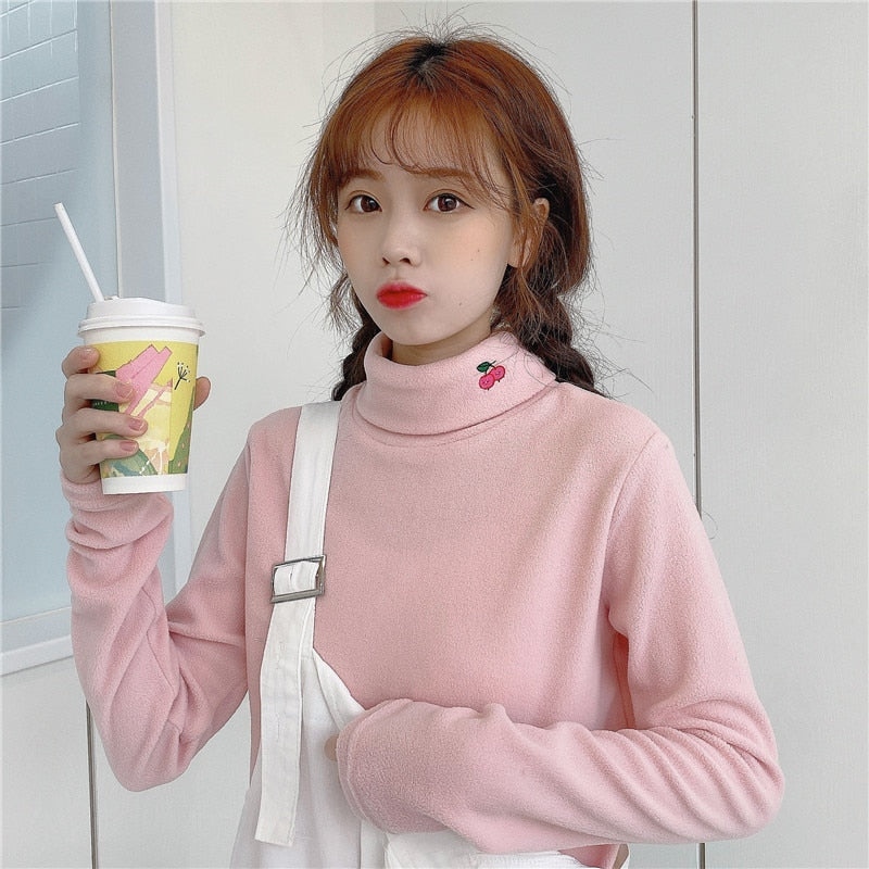 Cute Cherry Embroidery Pink Turtleneck
