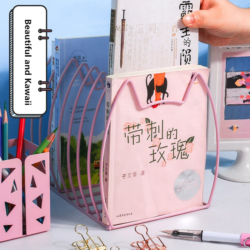 Kawaii Pink Metal Cat Desktop Organizer With Books
