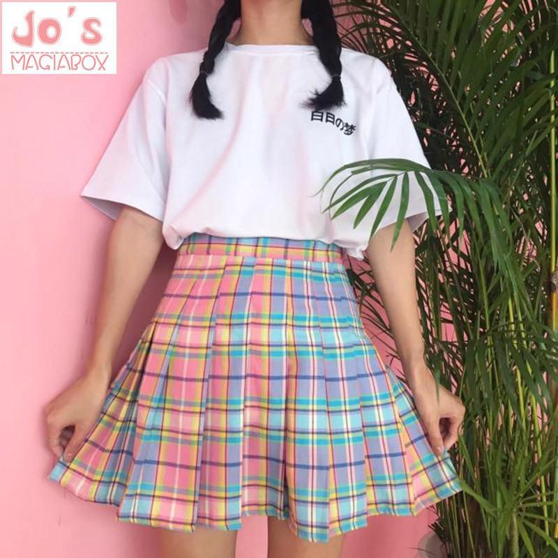 Model Wearing Our Kawaii Rainbow Plaid Skirt