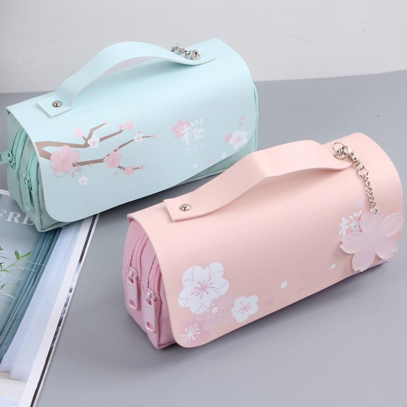 Kawaii Sakura Cherry Blossom Pencil Bags in Pink and Blue