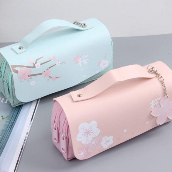 Kawaii Sakura Cherry Blossom Pencil Bag in Pink and Blue