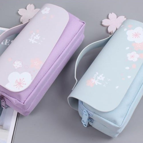 Kawaii Sakura Cherry Blossom Pencil Bag in Purple and Blue