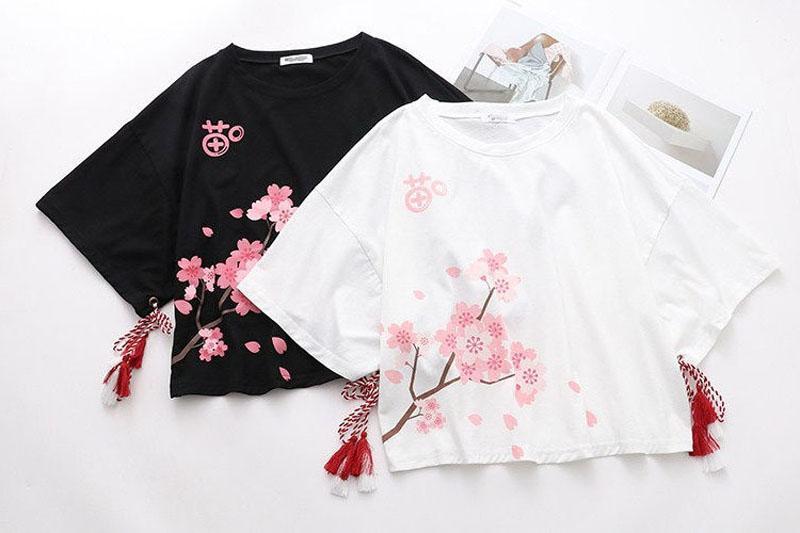 Kawaii White and Black Cherry Blossom Shirts
