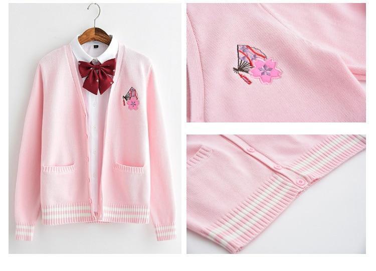 Kawaii Pink Cardigan with Cherry Blossom Embroidery