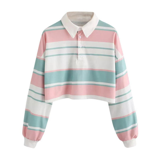 Kawaii Pastel Pink and Green Striped Crop Sweatshirt