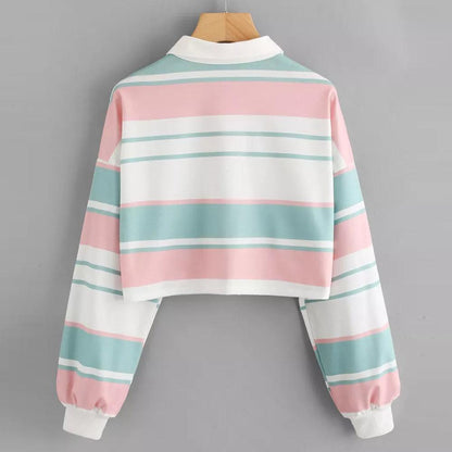 Back View of Kawaii Pastel Striped Crop Sweatshirt