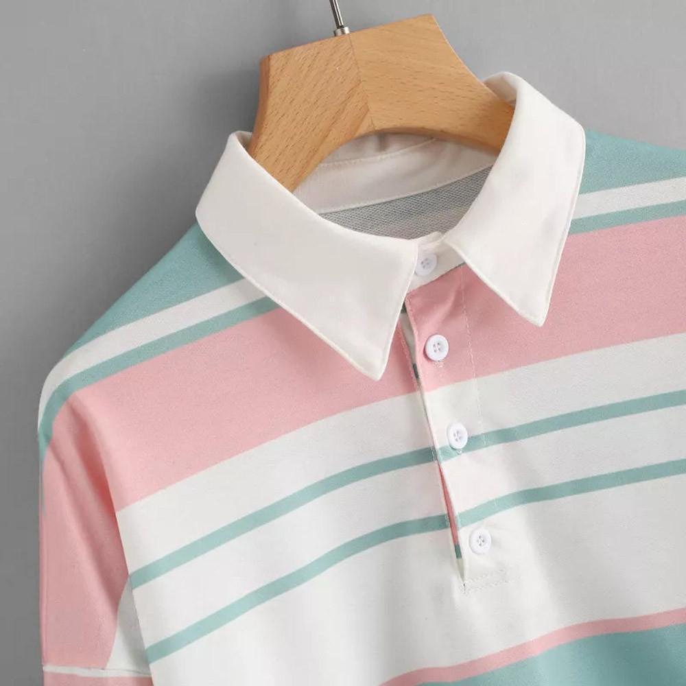 Kawaii Pastel Striped Crop Sweatshirt White Collar