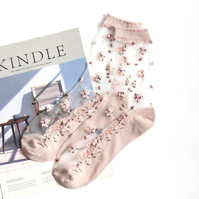 Kawaii Pink Silk Flower Print Transparent Socks