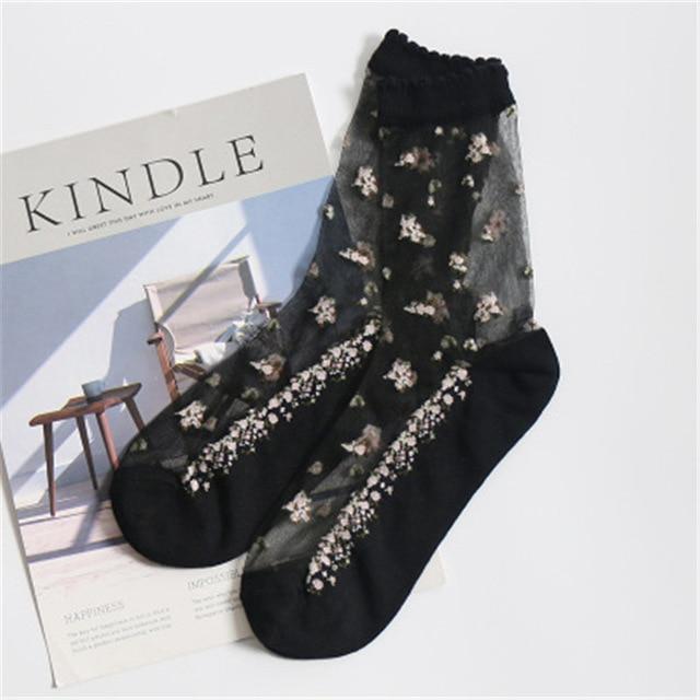 Kawaii Black Silk Flower Print Transparent Socks