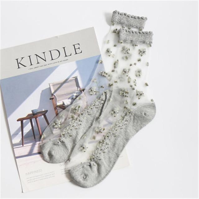 Kawaii Grey Silk Flower Print Transparent Socks