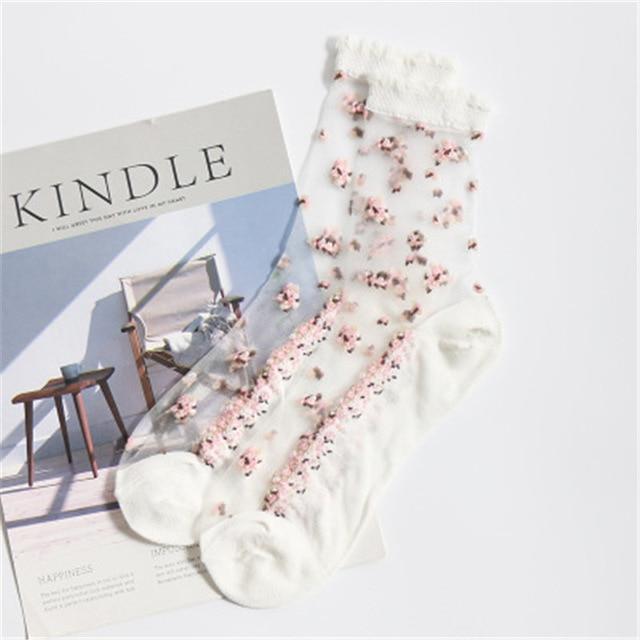 Kawaii White Silk Flower Print Transparent Socks
