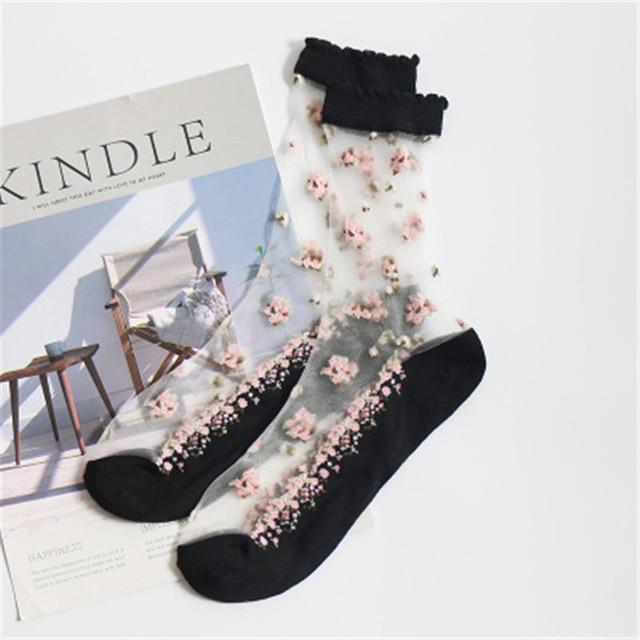 Kawaii Pink and Black Silk Flower Print Transparent Socks