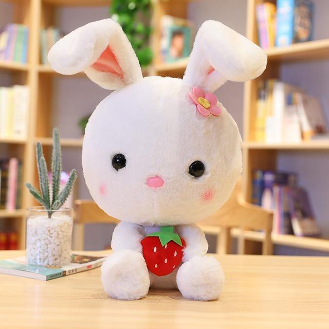 Kawaii Bunny Plushie in White Holding a Strawberry